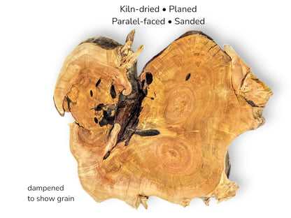 A weeping willow root slice with text explaining it's kiln-dried, planed, and sanded.