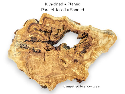 An annotated photo of a willow root slice showing its preparation: kiln-dried, planed, and sanded.