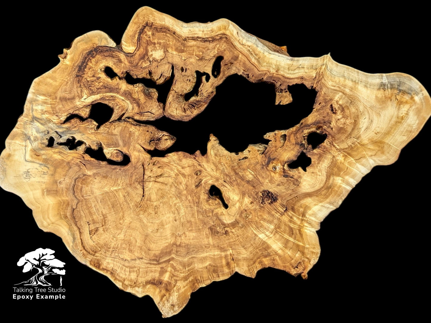 Irregular, light brown wood slice, featuring prominent grain, multiple natural voids. Bottom left: 'Epoxy Example'.