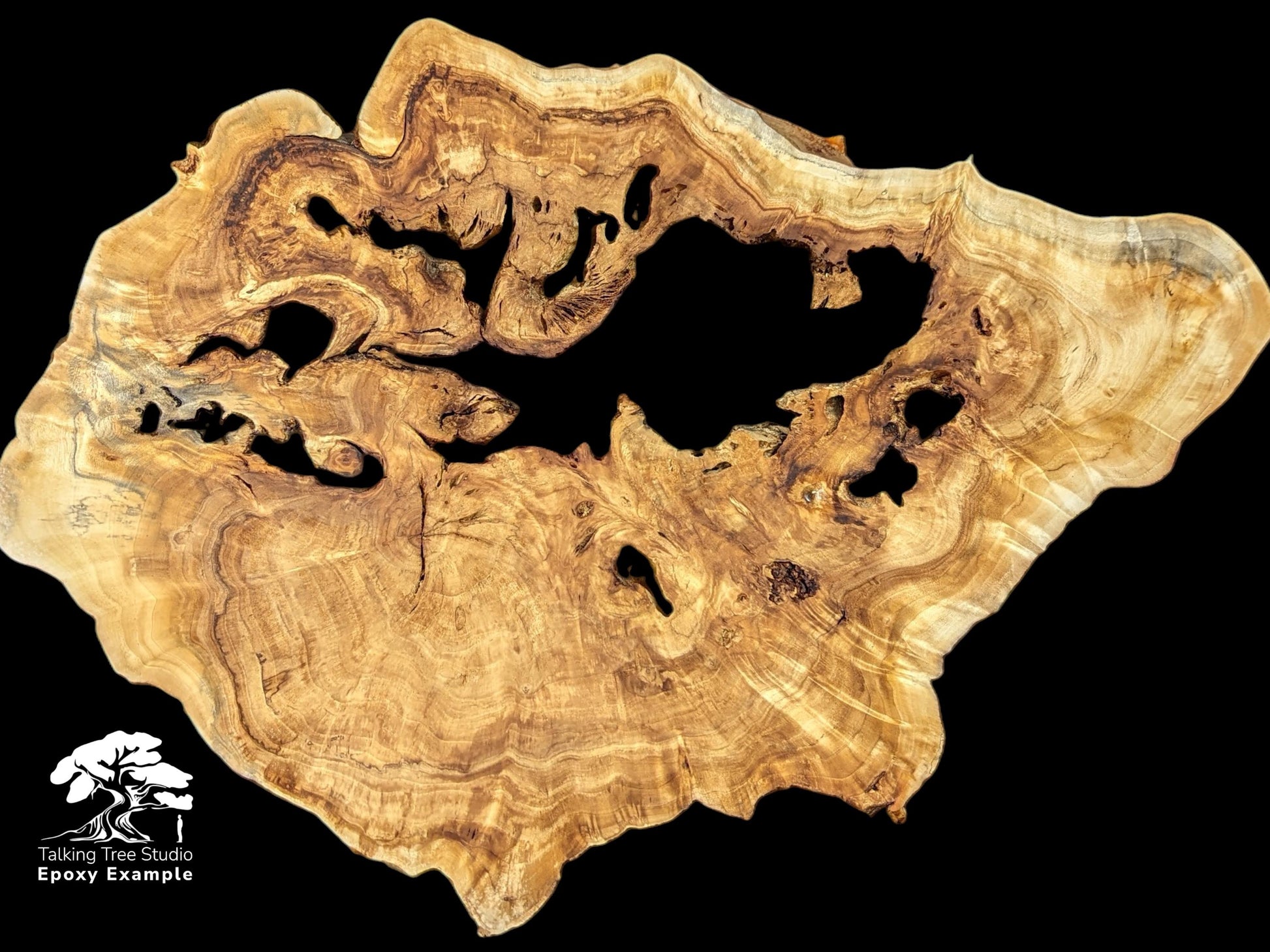 Irregular, light brown wood slice, featuring prominent grain, multiple natural voids. Bottom left: 'Epoxy Example'.