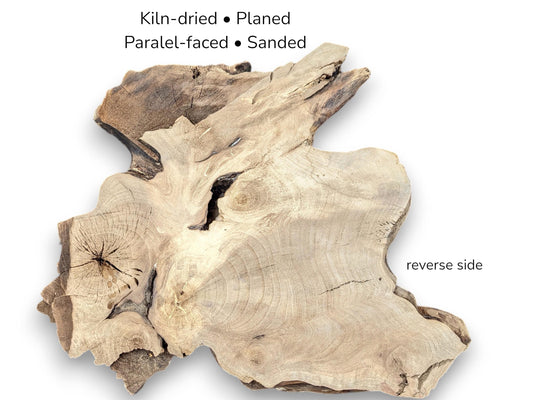 Visual and text display reverse side of a light brown, irregularly shaped wood slice, detailing preparation.