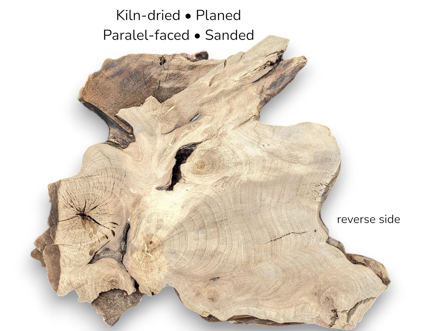 Visual and text display reverse side of a light brown, irregularly shaped wood slice, detailing preparation.