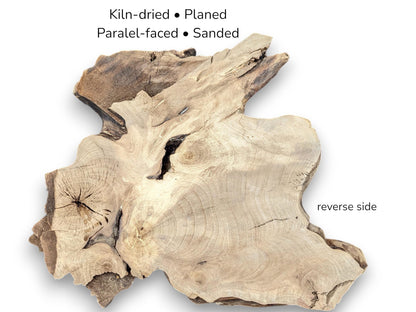 Visual and text display reverse side of a light brown, irregularly shaped wood slice, detailing preparation.