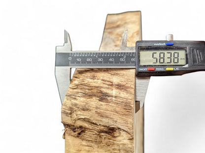 Caliper measuring the light brown, irregularly textured wood slice, displaying a thickness of 58.38 mm.