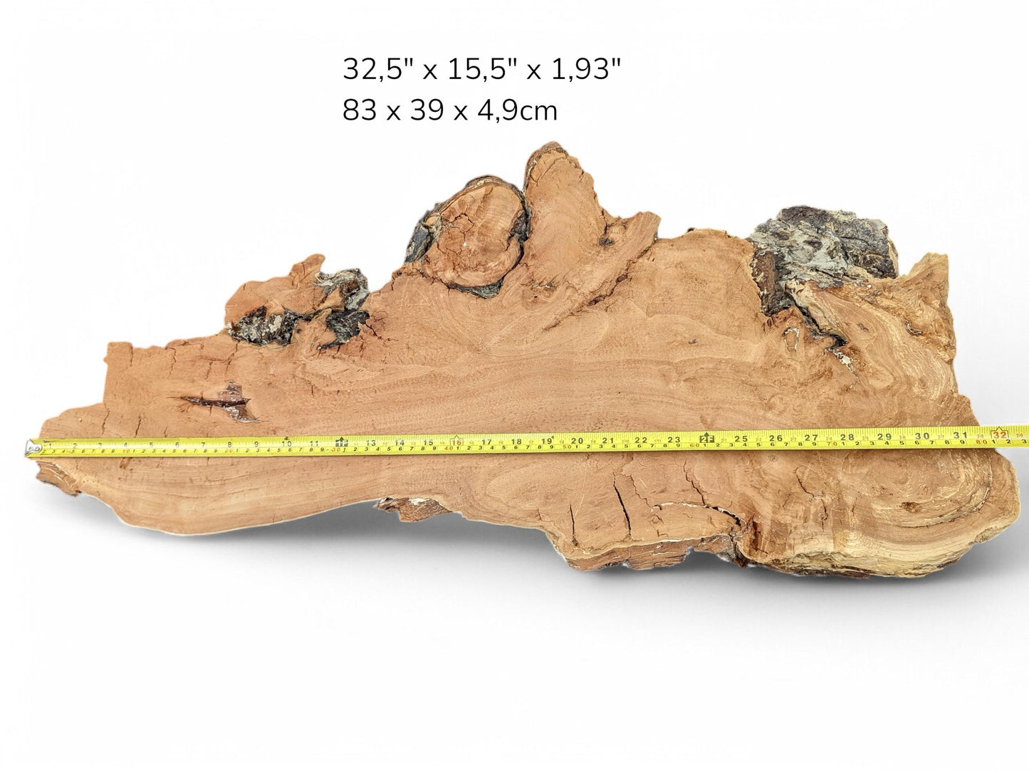 Irregular weeping willow slab, light brown grain, dark bark, a measuring tape, and dimension text.