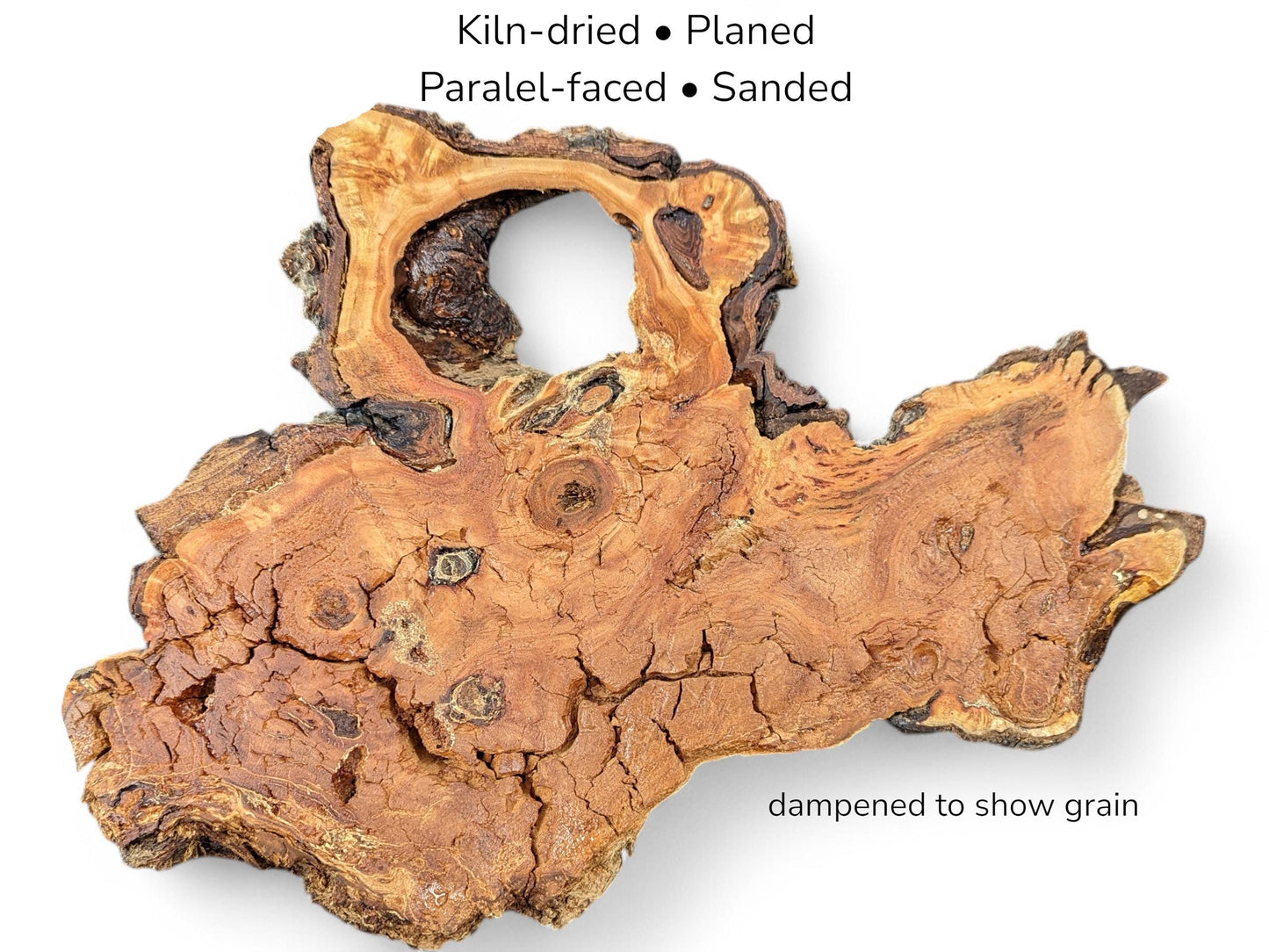 A gnarled willow burl slab with a large, dark-edged arch and deeply cracked surface.