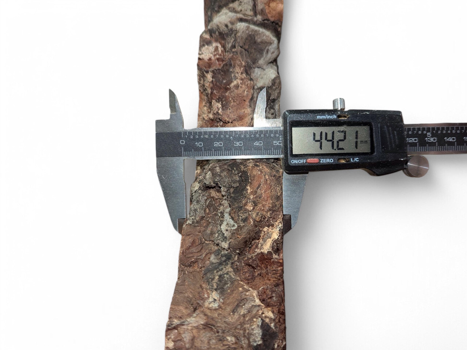 A digital caliper measures an irregular, reddish-brown willow wood slab with rough, decay-like texture, displaying 44.21 mm.