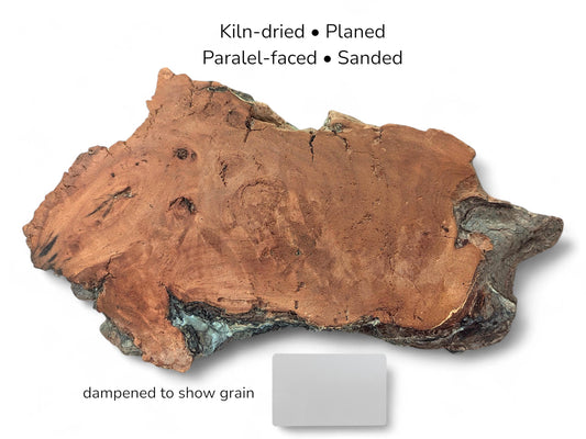 Orange-brown willow wood slab with textured surface, cracks, natural rough edges, and a light grey reference card.