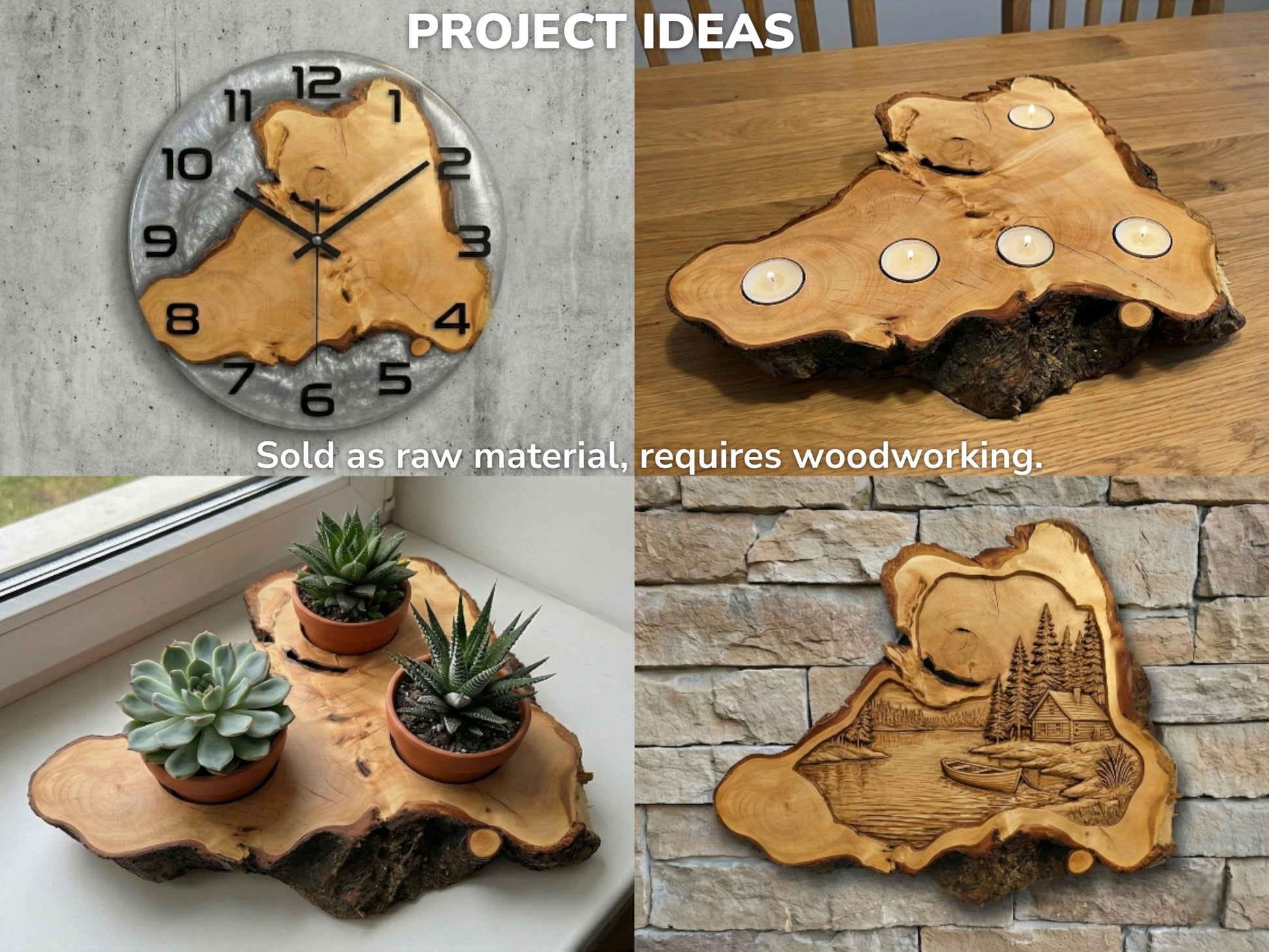 Collage displaying four wood projects: resin clock, candle holder, succulent planter, and carved landscape wall art.