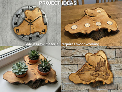 Collage displaying four wood projects: resin clock, candle holder, succulent planter, and carved landscape wall art.