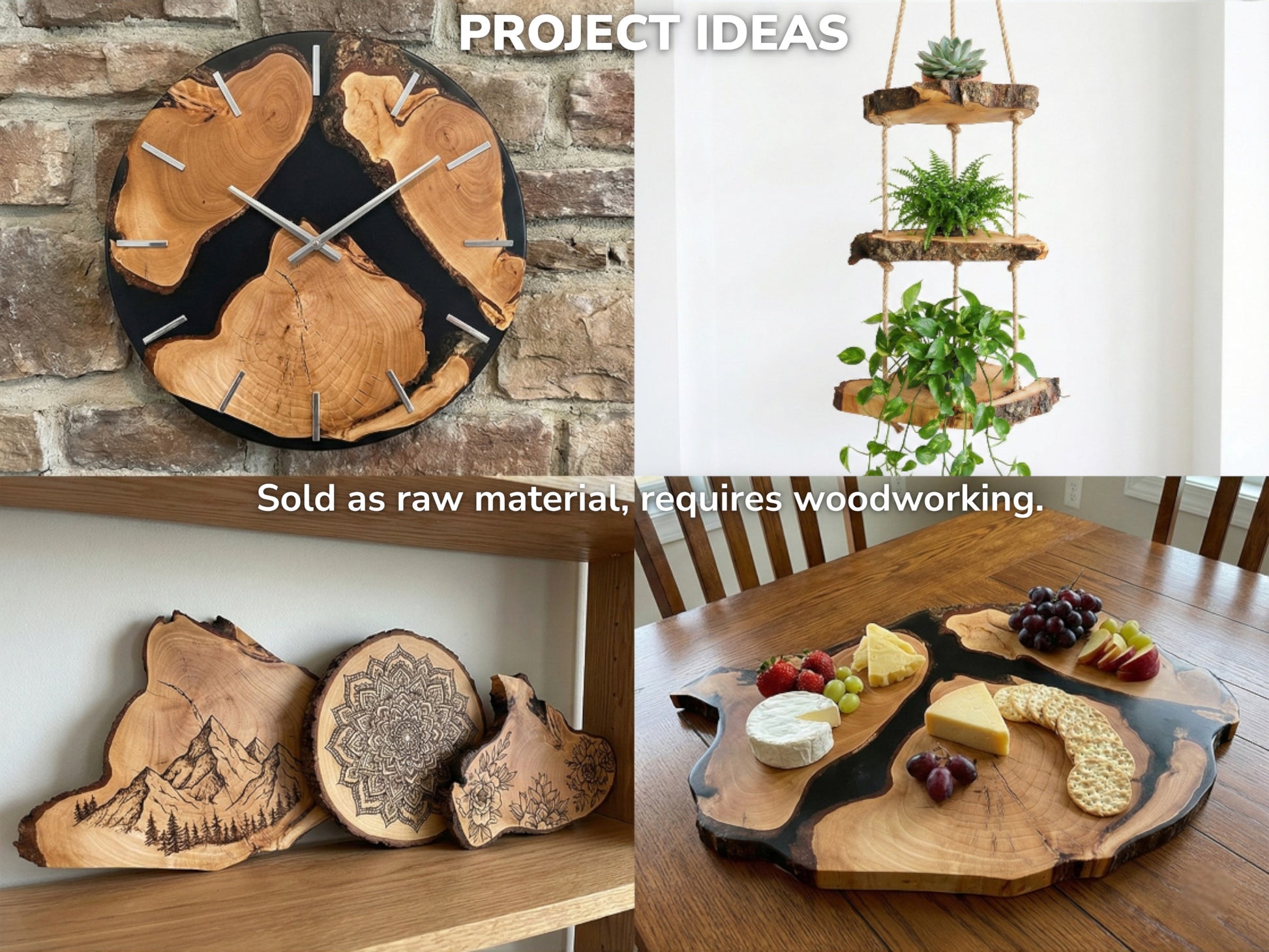 Collage of four linden wood project ideas: a clock, hanging shelves, engraved slices, and a serving board.
