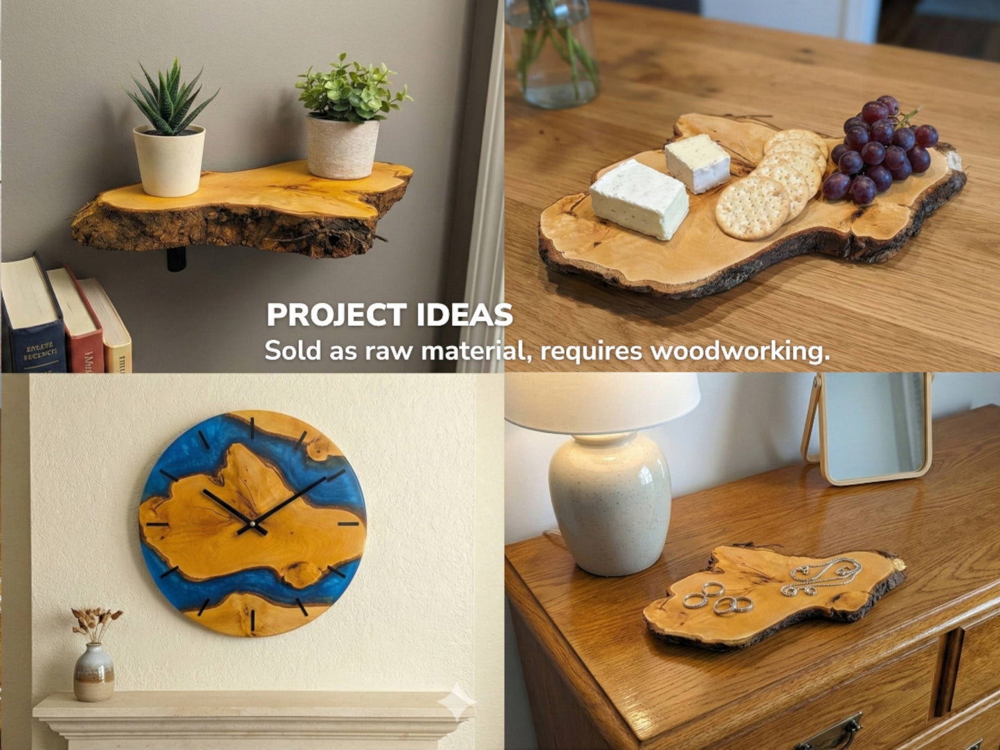 Collage showing linden wood slab project ideas: a wall shelf, serving platter, clock, and jewelry tray.