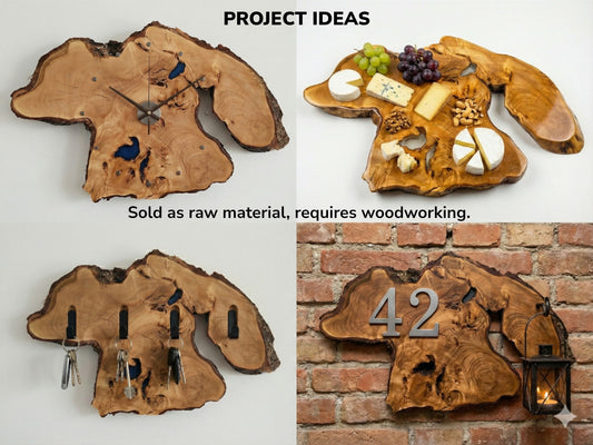 Collage demonstrating linden wood uses: clock, cheese board, key holder, and sign under text header project ideas.