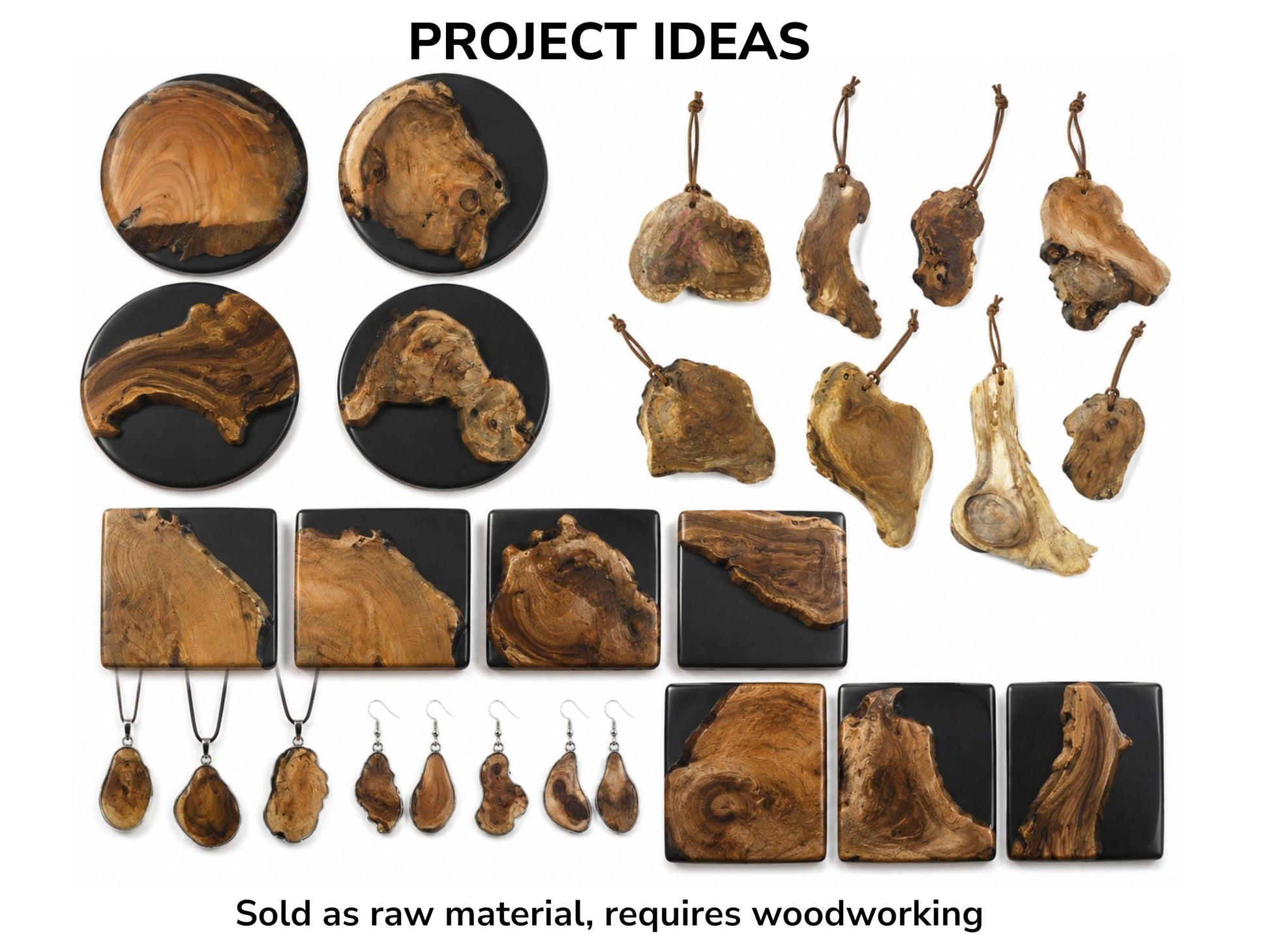 Overhead view of various wood pieces, some embedded in black resin, and small wood pendants.