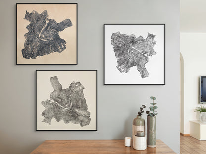 Three framed black tree root slice impressions with granular patterns on cream and white paper.