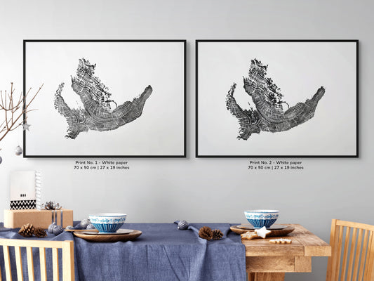Two framed artworks capture an irregular root section's elongated shape and dense growth rings.