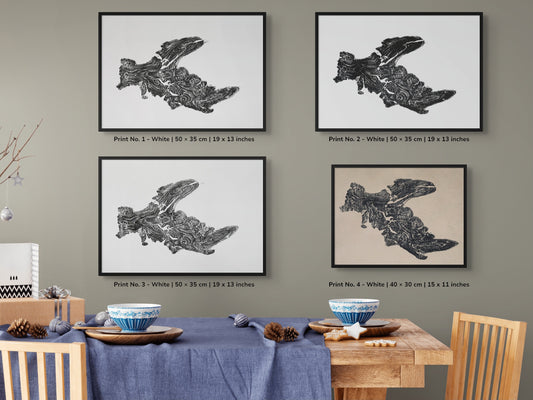 Collage displaying four framed woodcut monoprints of tree roots, each with size and color text.