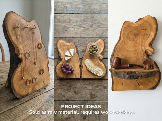 Collage showing three different projects for wild cherry wood slices with text overlay 'PROJECT IDEAS'.