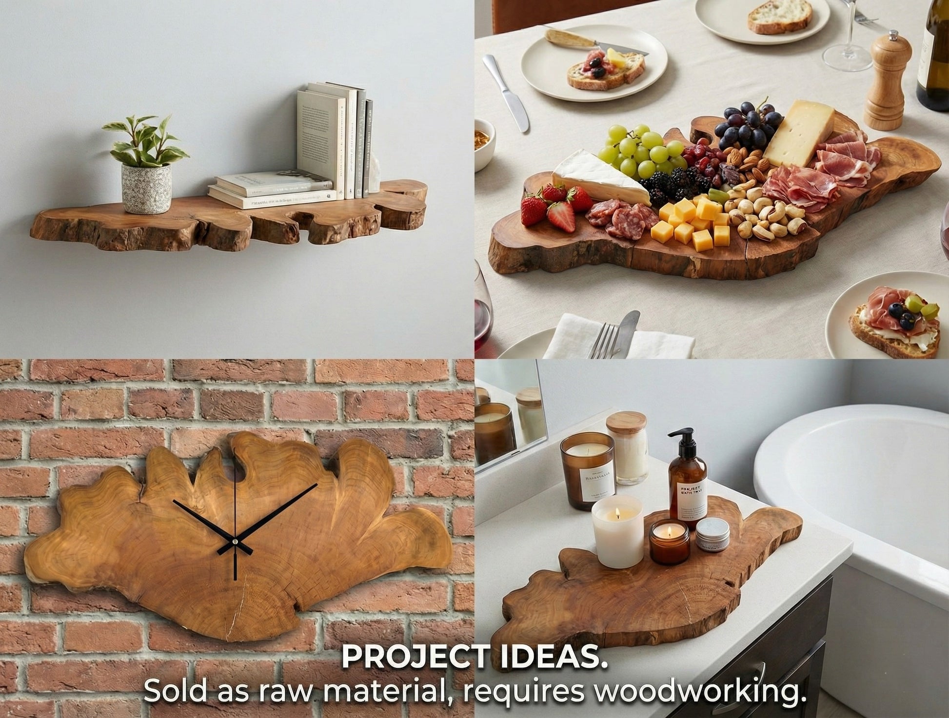Collage showing a wild cherry root slice as shelf, platter, clock, and tray. Text: Project Ideas.