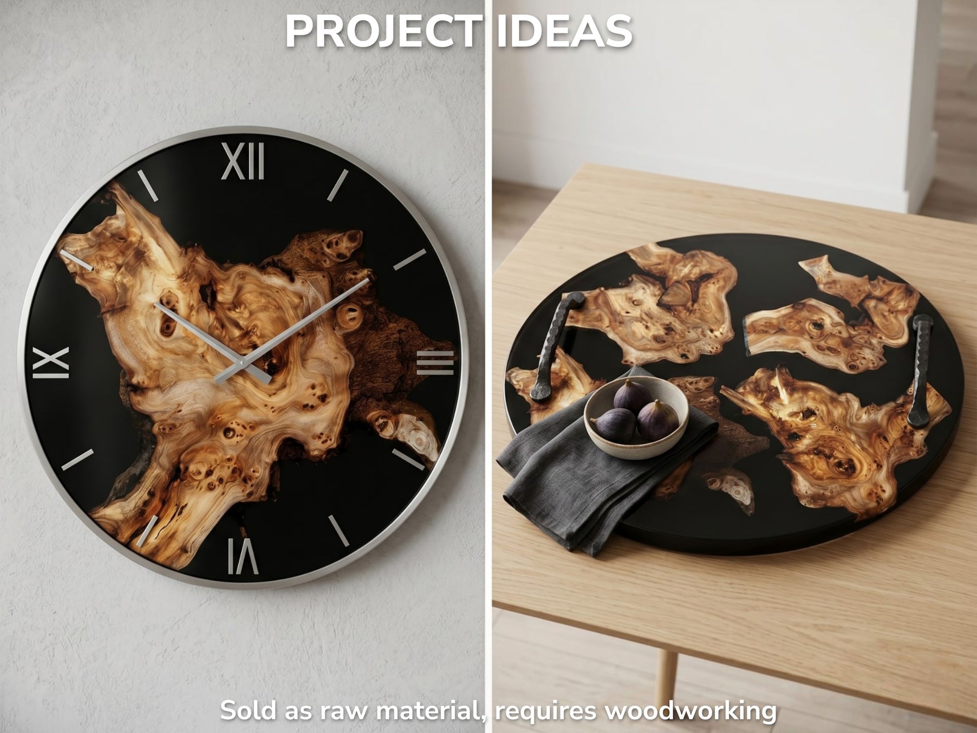 A clock and a tray made from highly figured hardwood slices with natural edges and b burls.