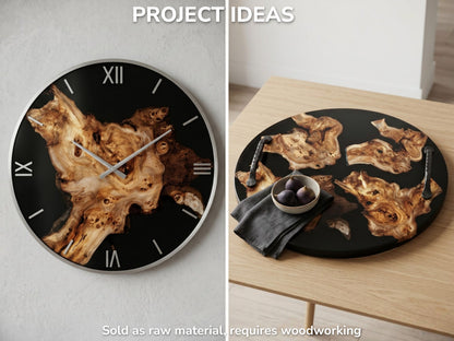 A clock and a tray made from highly figured hardwood slices with natural edges and b burls.